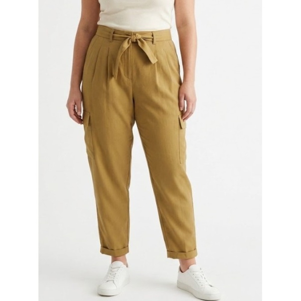 Nine West Tapered Leg Cargo Pants Large High Waist Belted Pleated Utility